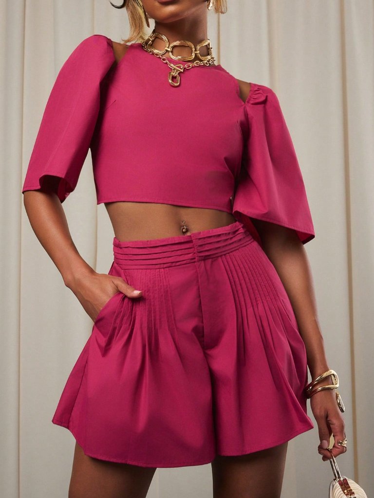 Hot Pink Casual Women's Matching Set With Puff Sleeve Trouser Bottoms